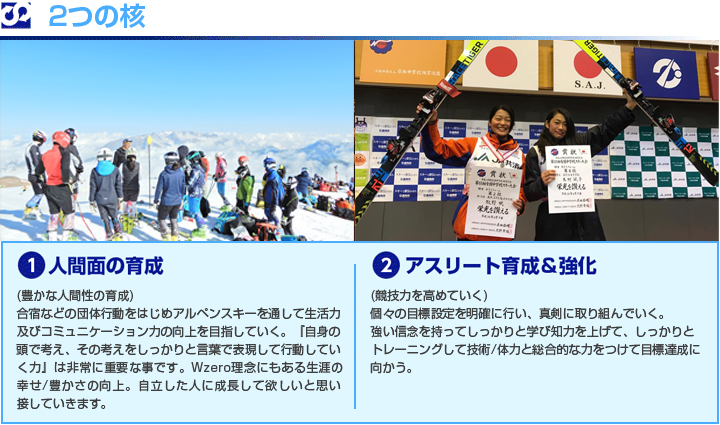 2つの核　①アスリート育成＆強化　②人間面の育成